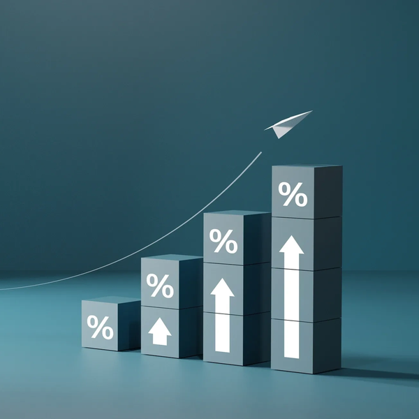 Stacked cubes with upward arrows and percentages showing growth, with a paper plane flying upward.