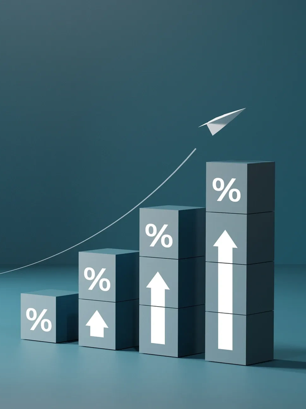 Stacked cubes with upward arrows and percentages showing growth, with a paper plane flying upward.