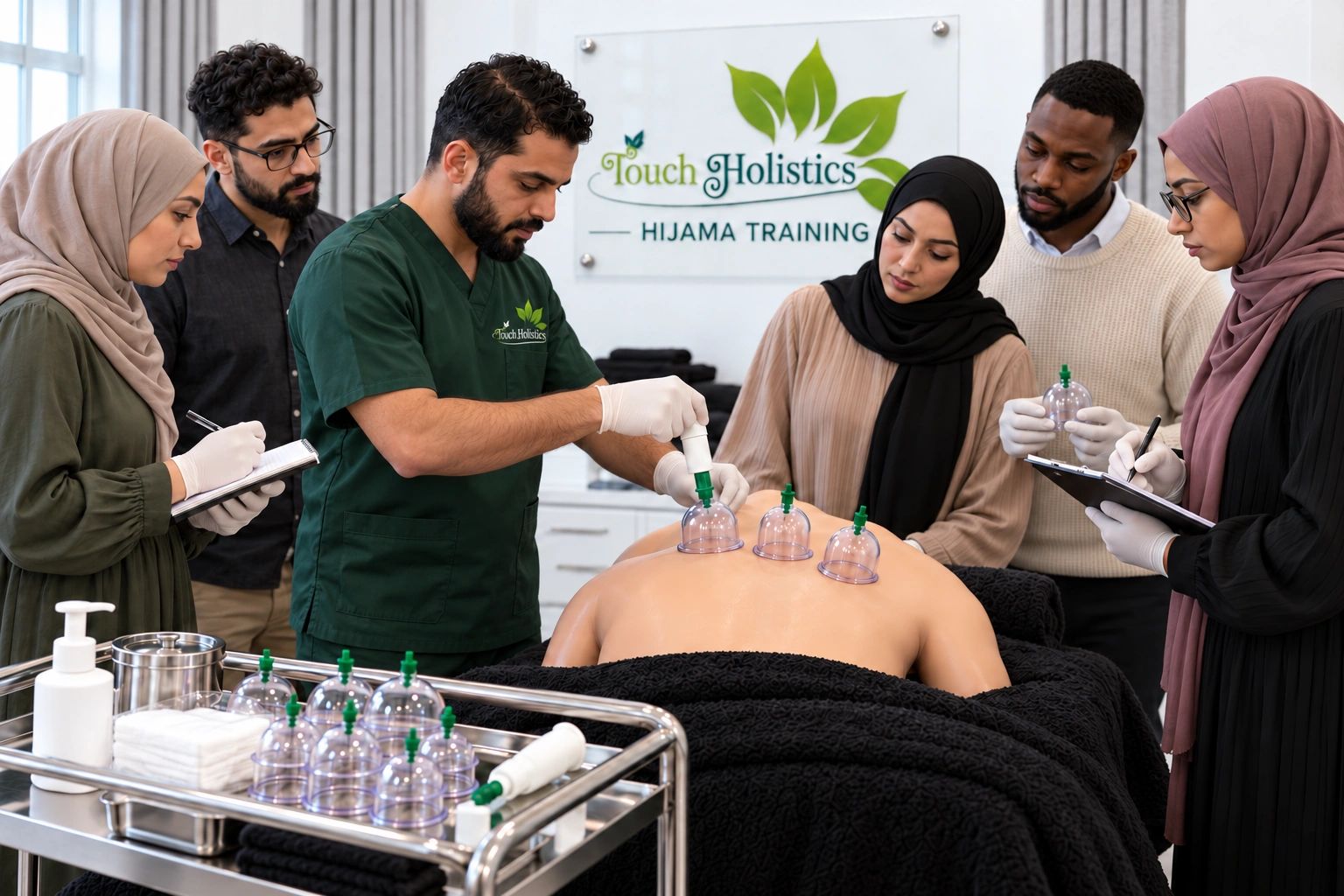 Group training session on hijama therapy with instructor and attentive students.