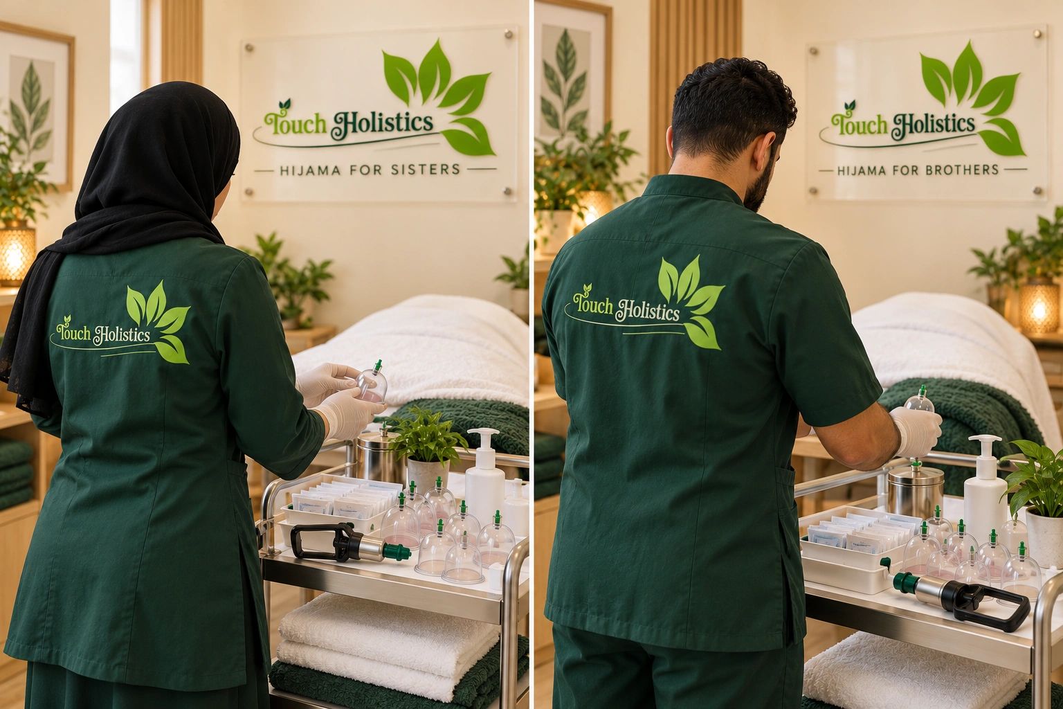Two practitioners preparing for Hijama treatment in a spa.