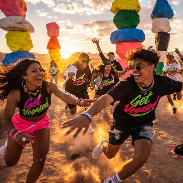 Group of friends running and laughing in colorful desert art installation at sunset.