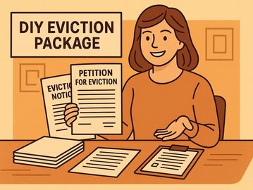 A woman presenting a DIY eviction package with documents on a desk.