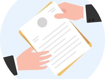 Two hands exchanging a document on a clipboard.