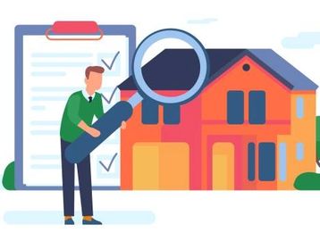Person inspecting a house with magnifying glass and checklist.