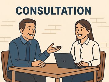 Two people having a consultation with a laptop.