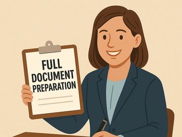 Woman holding clipboard with 'Full Document Preparation' text.