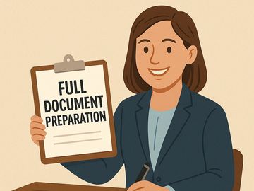 Woman holding clipboard with 'Full Document Preparation' text.