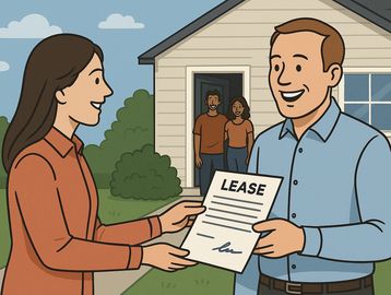 A happy man hands a lease agreement to a woman outside a house.