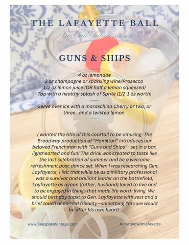 Cocktail recipe card for 'Guns &amp; Ships' inspired by Hamilton, featuring a refreshing citrus drink with champagne and Prosecco.