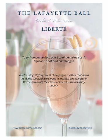 Elegant Lafayette Ball cocktail recipe featuring a fruity champagne flute with crème de cassis.