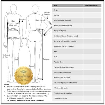 Diagram showing body measurement points for garment fitting with notes and a measurement chart.