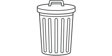 A simple black and white trash can icon with a lid and handle.