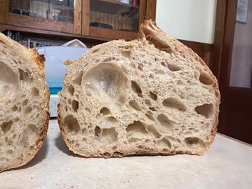 Close-up of bread crumb with large air pockets and crust.