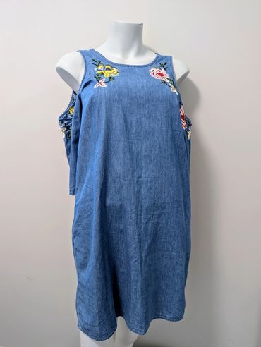 Dex Denim Mini Dress Cold Shoulder Embroidered beaded flowers