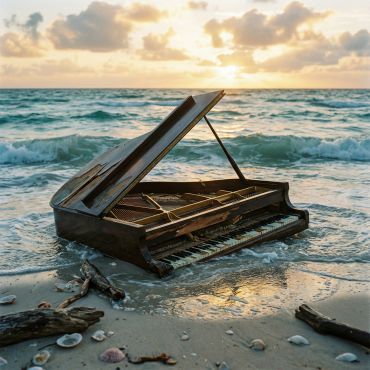 Un piano cassé sur la plage au coucher du soleil.