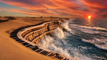 Côte rocheuse avec vagues puissantes au coucher du soleil.