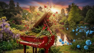 Un piano rouge dans un jardin fleuri au coucher du soleil.