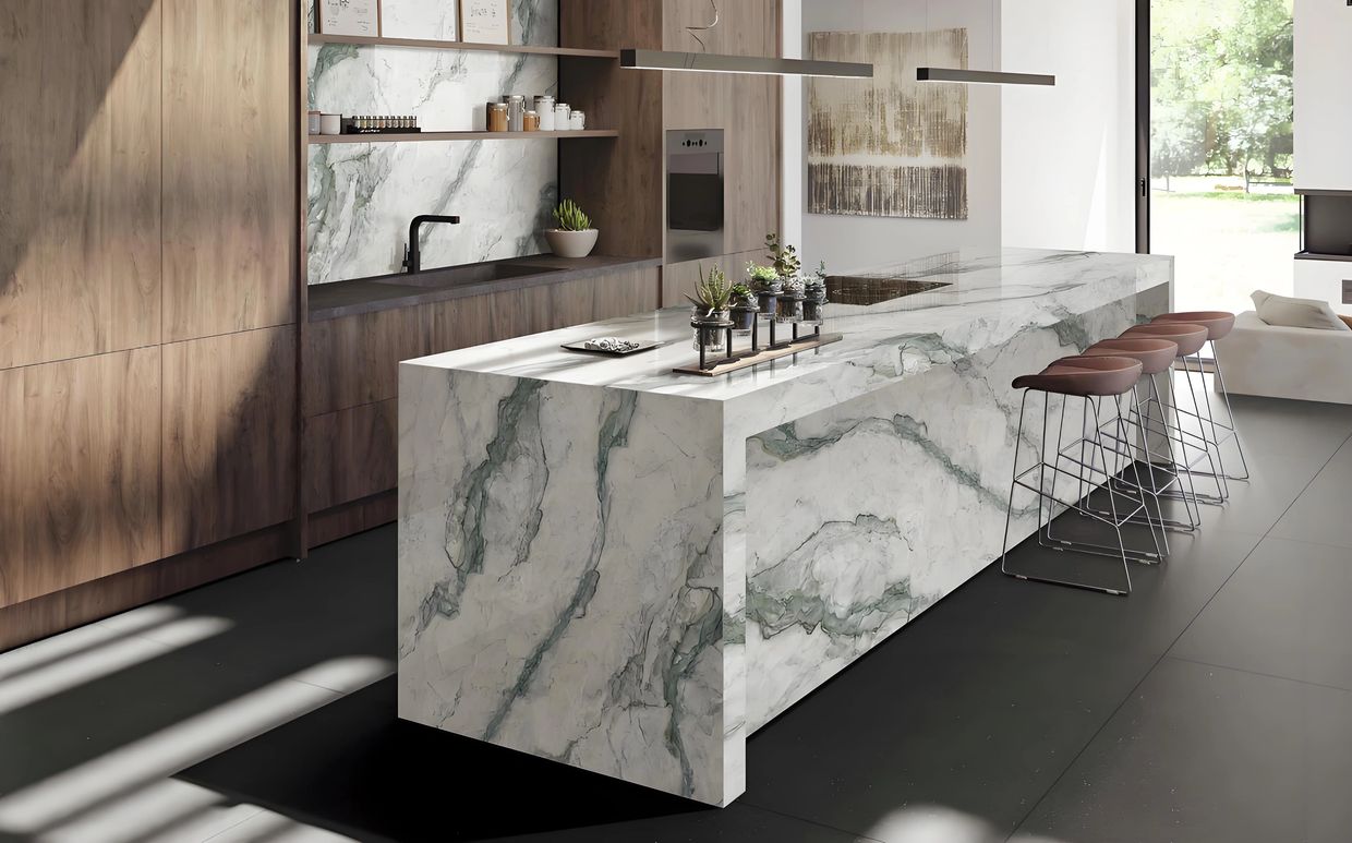 Encimera blanca de cocina moderna fabricada con piedra sinterizada. Piedra sinterizada verde YIJIANG