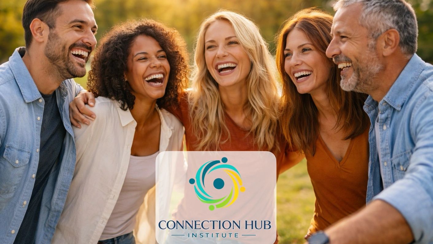 Group of diverse friends laughing together outdoors with Connection Hub Institute logo.