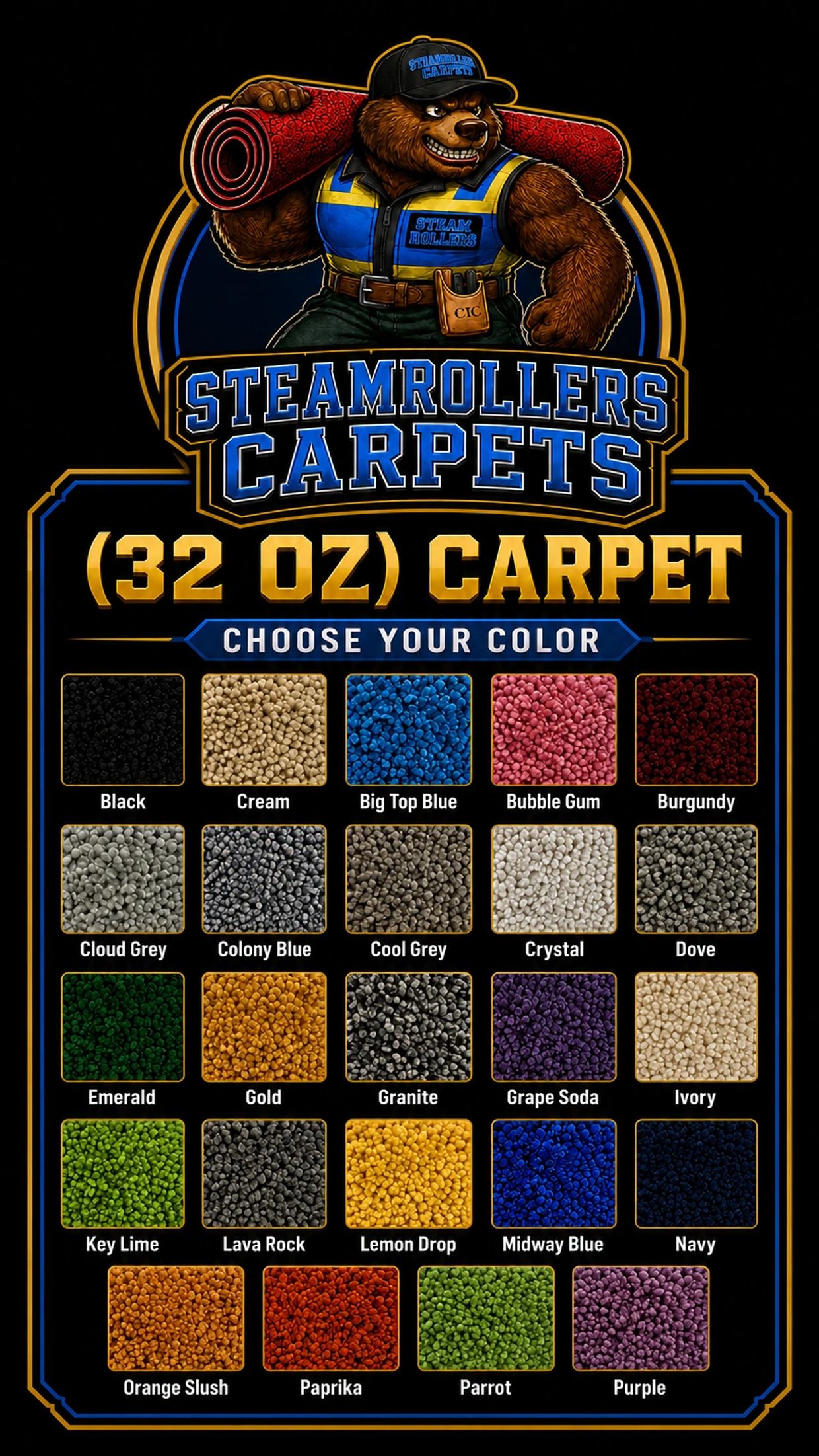 Color options for Steamrollers Carpets (32 oz) with a bear mascot.