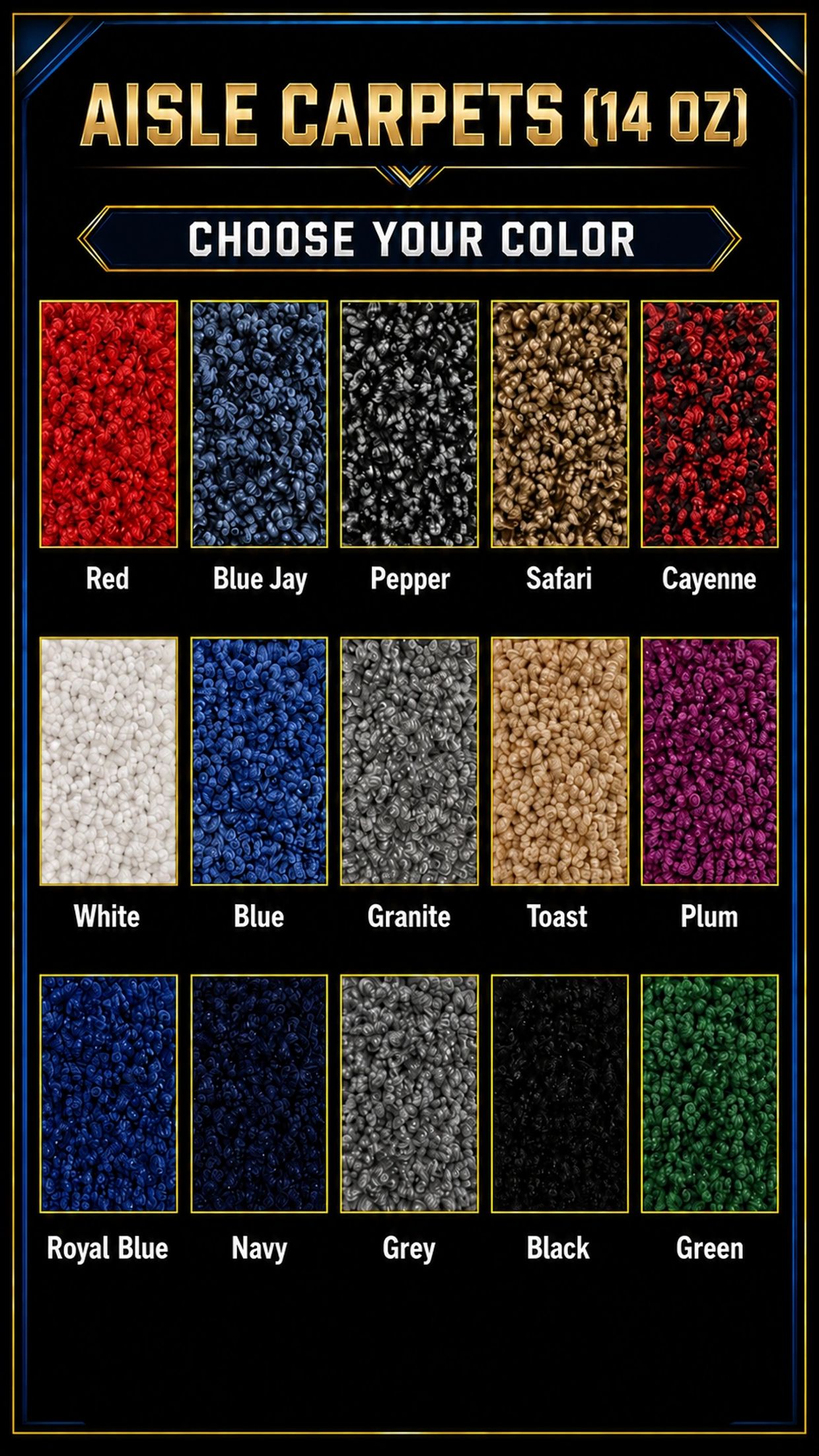 Carpet color choices in various shades and names.
