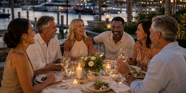 Group of friends enjoying a candlelit dinner by the waterfront at dusk.