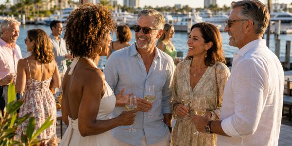 Group of friends enjoying a sunny outdoor party by the marina with drinks.