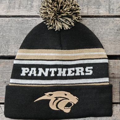 Traditional knit pom beanie with embroidered Plano East panther head.  One Size. $30
