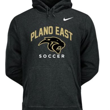 Black hoodie with Plano East Soccer logo and panther graphic.