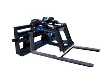 Heavy-duty forklift attachment with dual prongs for lifting pallets.