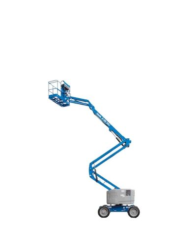 Blue articulated boom lift against white background.