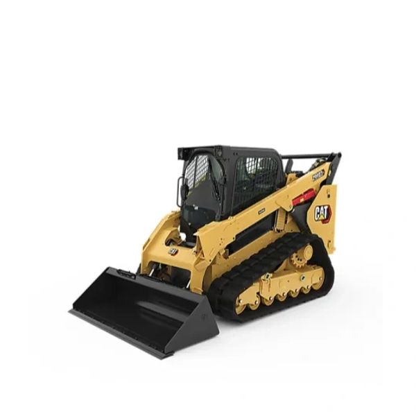 Yellow compact track loader with a black bucket.