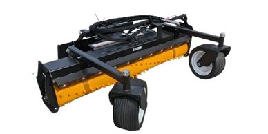 Industrial-grade yellow and black road sweeper attachment with large wheels.