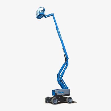 Blue articulated boom lift extended fully.