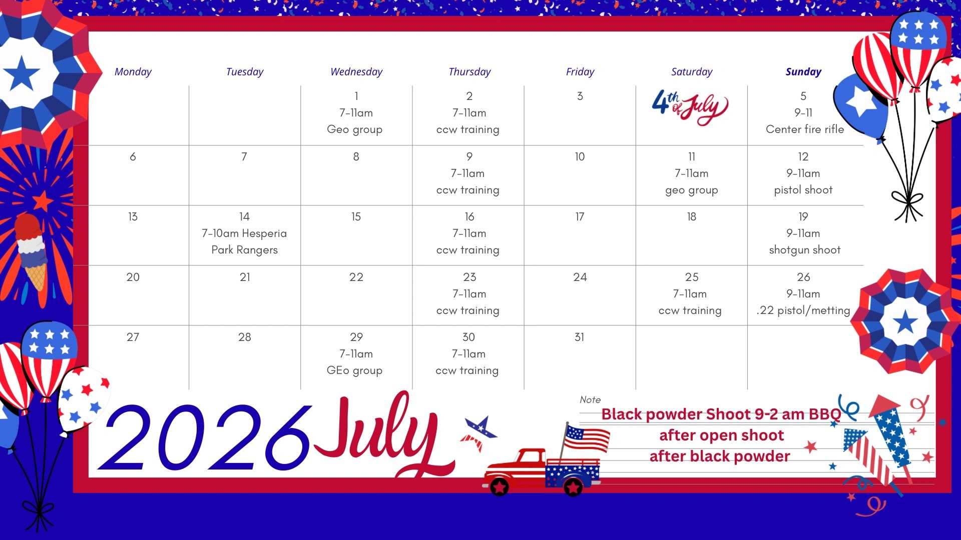West Victor Valley Shooting Club July 2026 calendar