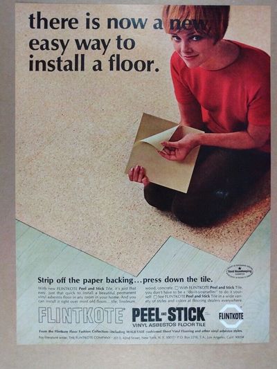Vintage ad for Flintkote Peel and Stick vinyl floor tiles with easy installation.