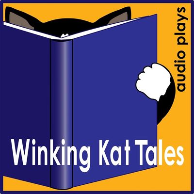 A cat reading a book with the text 'Winking Kat Tales' and 'audio plays'.