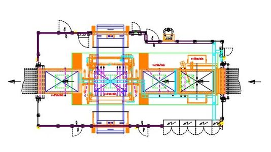 In-line stretch hood machine configuration with buffer position and 4 film rolls 