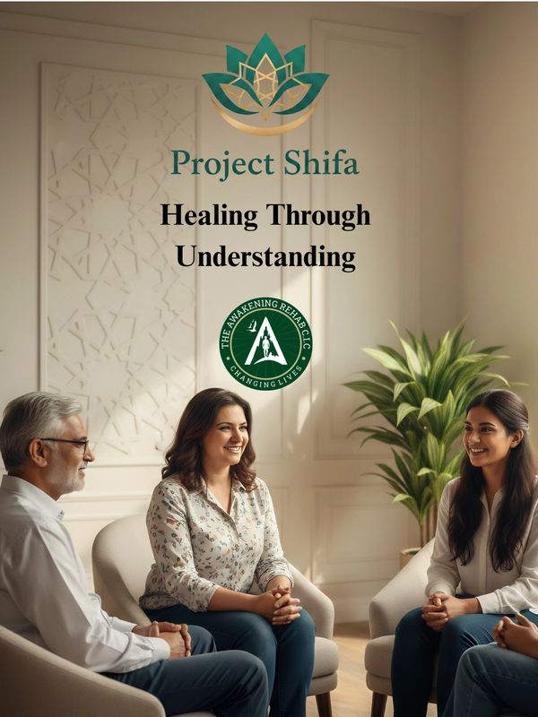 Group therapy session with Project Shifa logo and slogan.