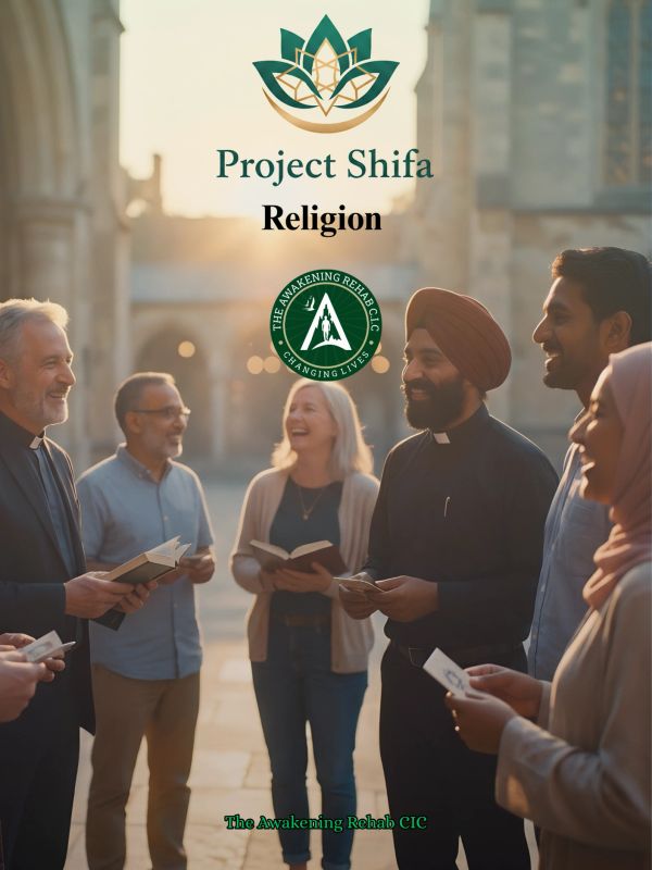 Diverse group sharing religious books and smiles outdoors.