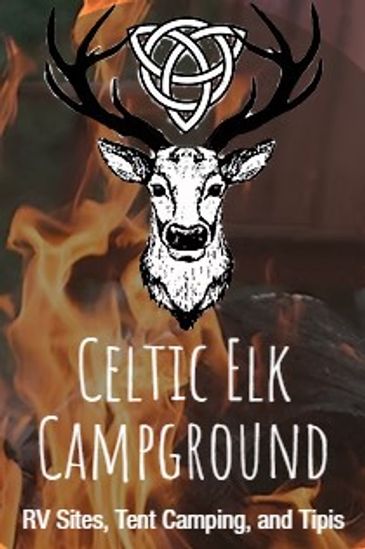 Logo of Celtic Elk Campground with elk head and Celtic knot against fire background.