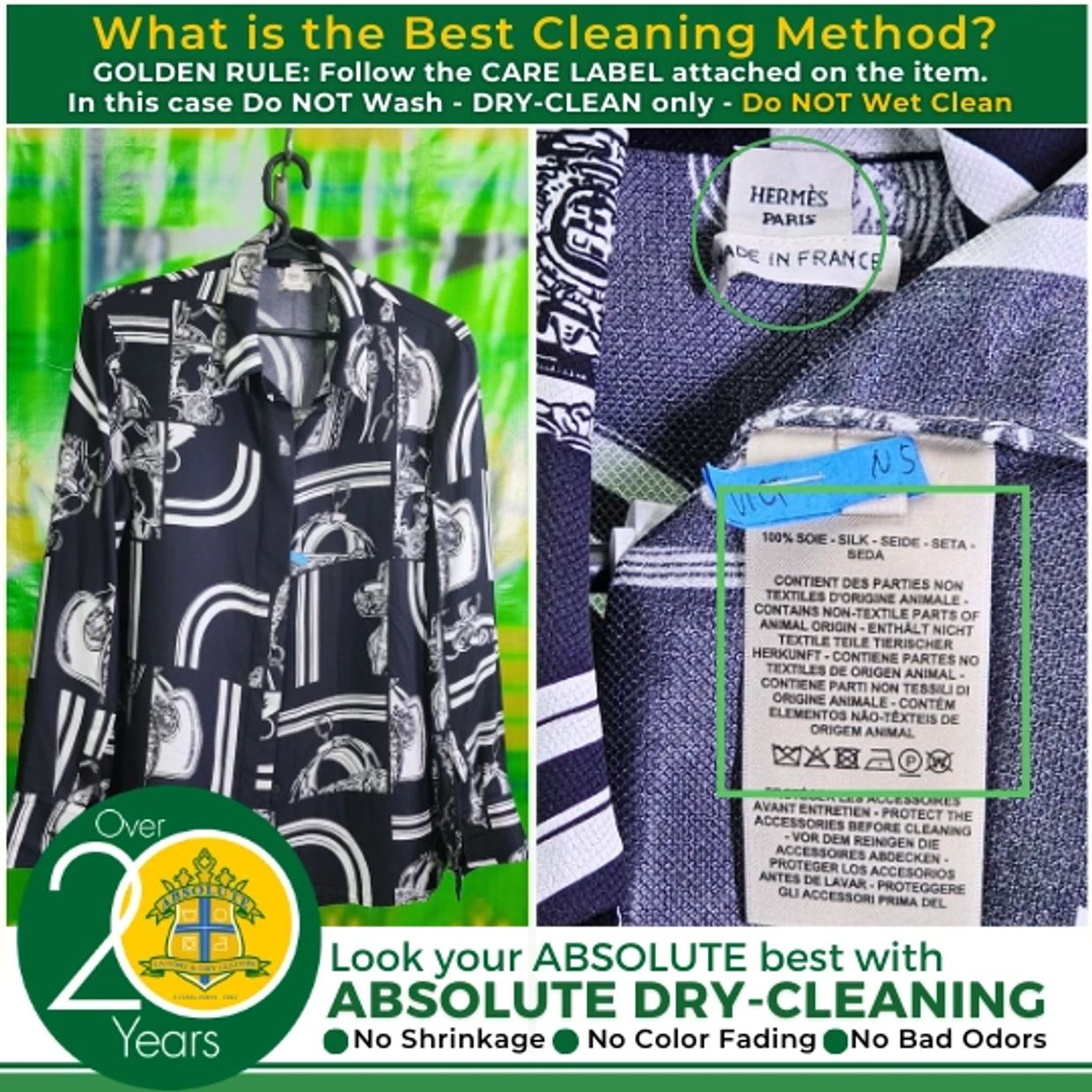 Guidance on dry-cleaning a silk Hermès shirt for best care.