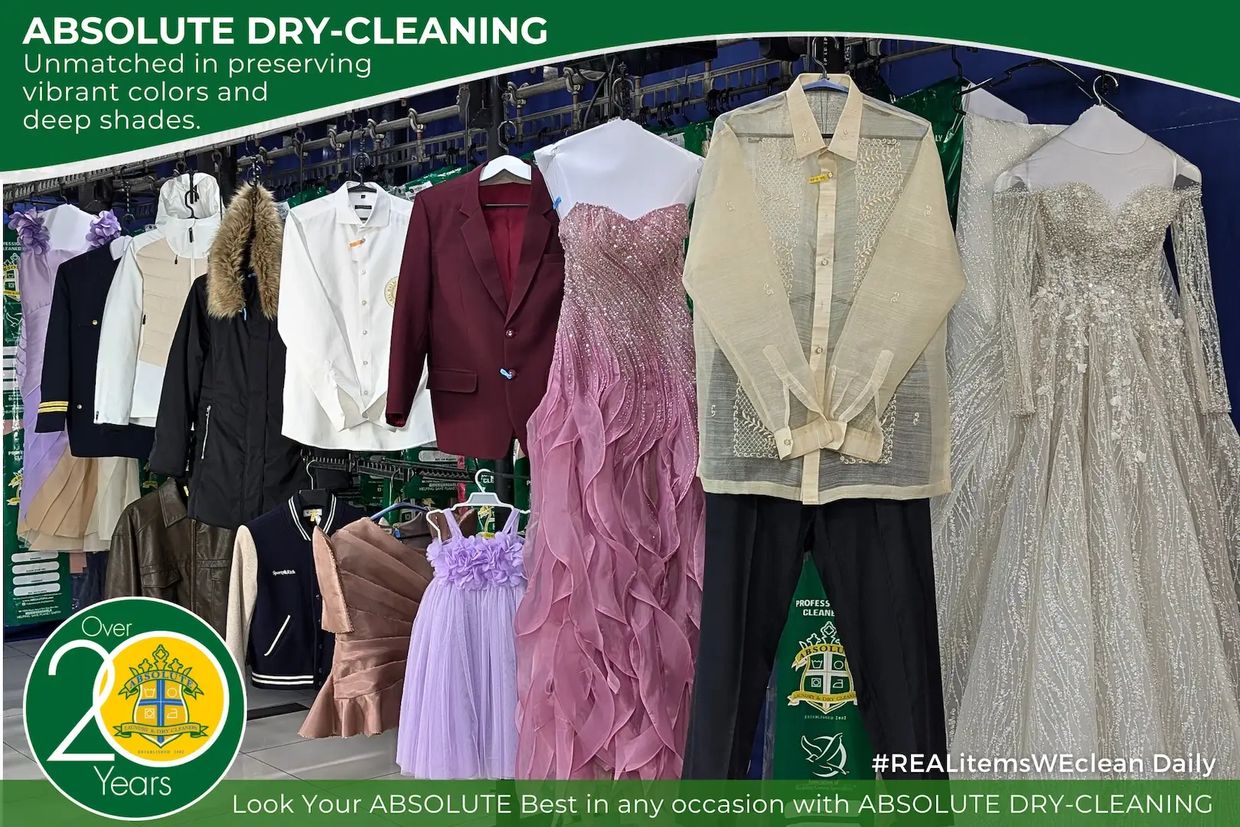 ABSOLUTE Dry-Cleaning cover image featuring wedding gown, gowns, Barong, Coat, Pants and Jackets.
