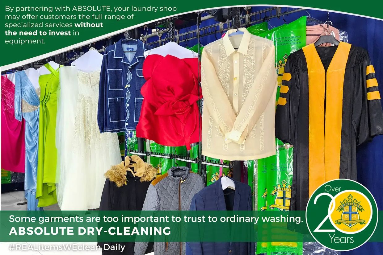 ABSOLUTE partner laundry shops can offer dry-cleaning for wedding gowns, barongs, formal wear, suits