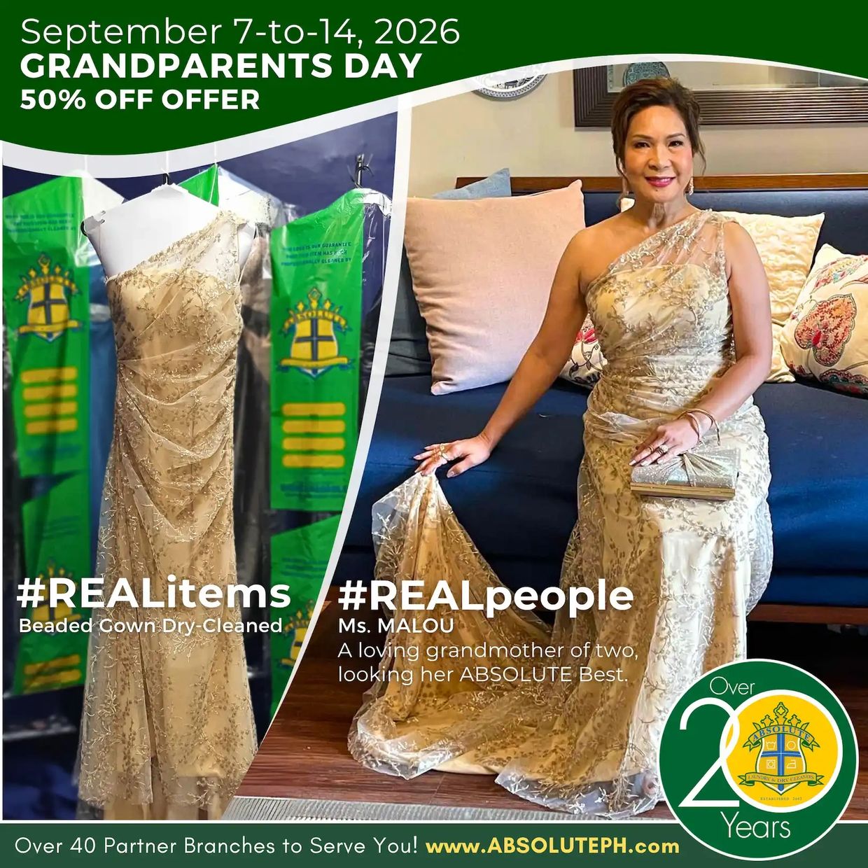 ABSOLUTE Dry-Cleaning Grandparents Day offer in Manila featuring a grandmother in a beaded gown.
