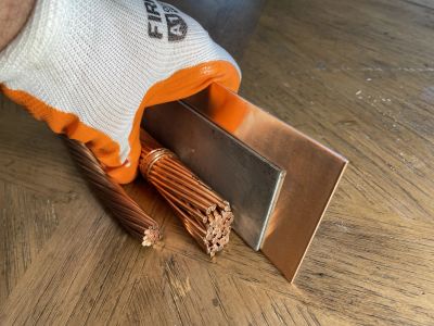 Close-up of copper wires and copper plates.