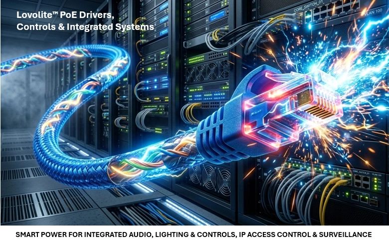 High-tech PoE cable delivering power and data with sparks in a data center.