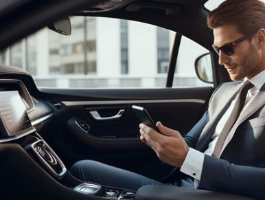 A man in a suit using his phone inside a luxury car.