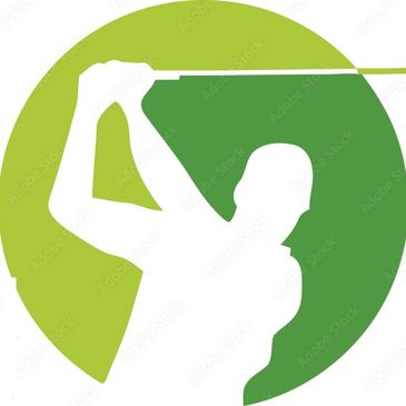 Silhouette of a golfer swinging a club inside a green circle.