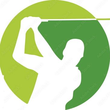 Silhouette of a golfer swinging a club inside a green circle.